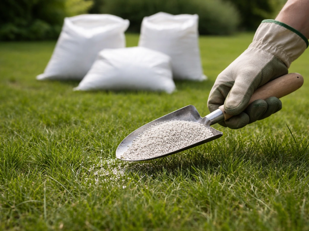 Tuinhandschoenen en een schep met korrelige kalk op een gazon, met drie kalkzakken op de achtergrond