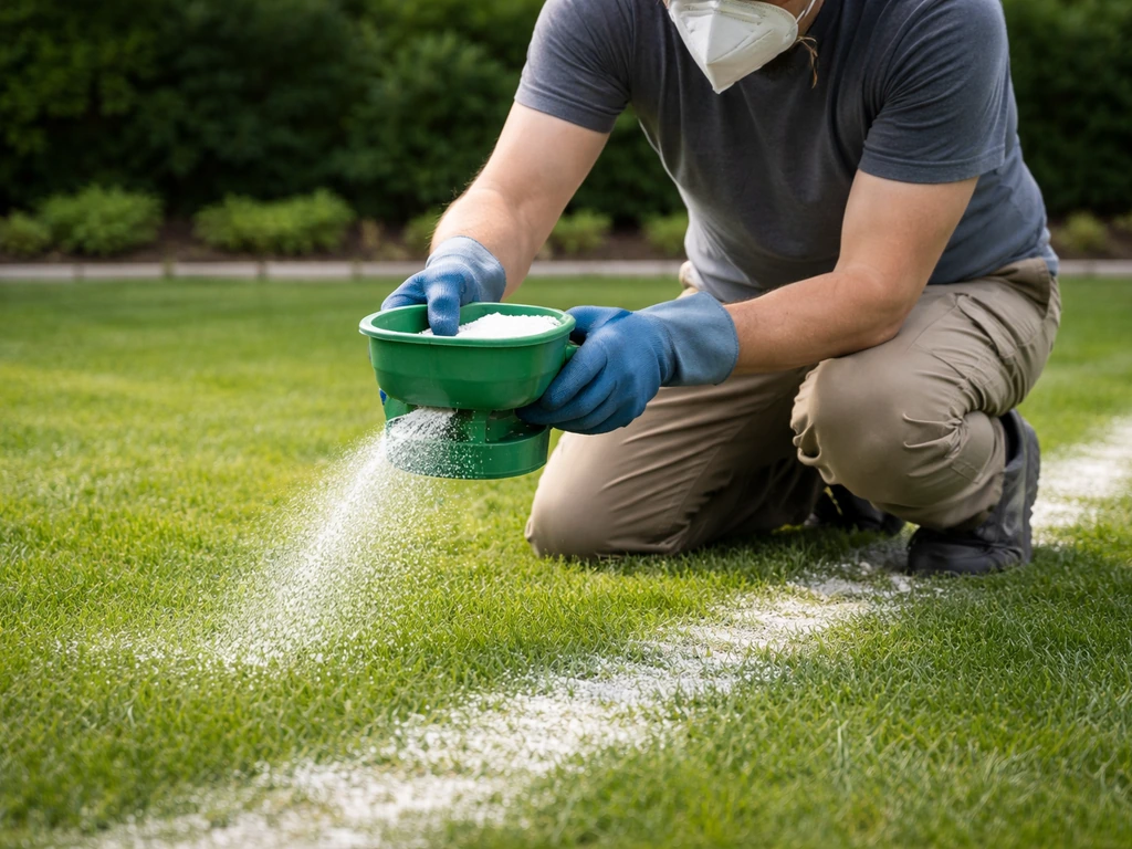 Tuinman strooit poederkalk op een gazon met handschoenen en mondkapje; maaisel is verwijderd, gras op 4–5 cm.
