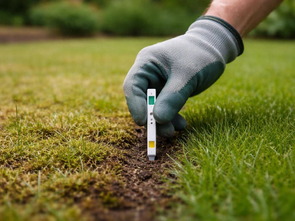 Grasveld met mos, tuinhandschoen en meetstok die laat zien dat je na kalk weken wacht met controle.