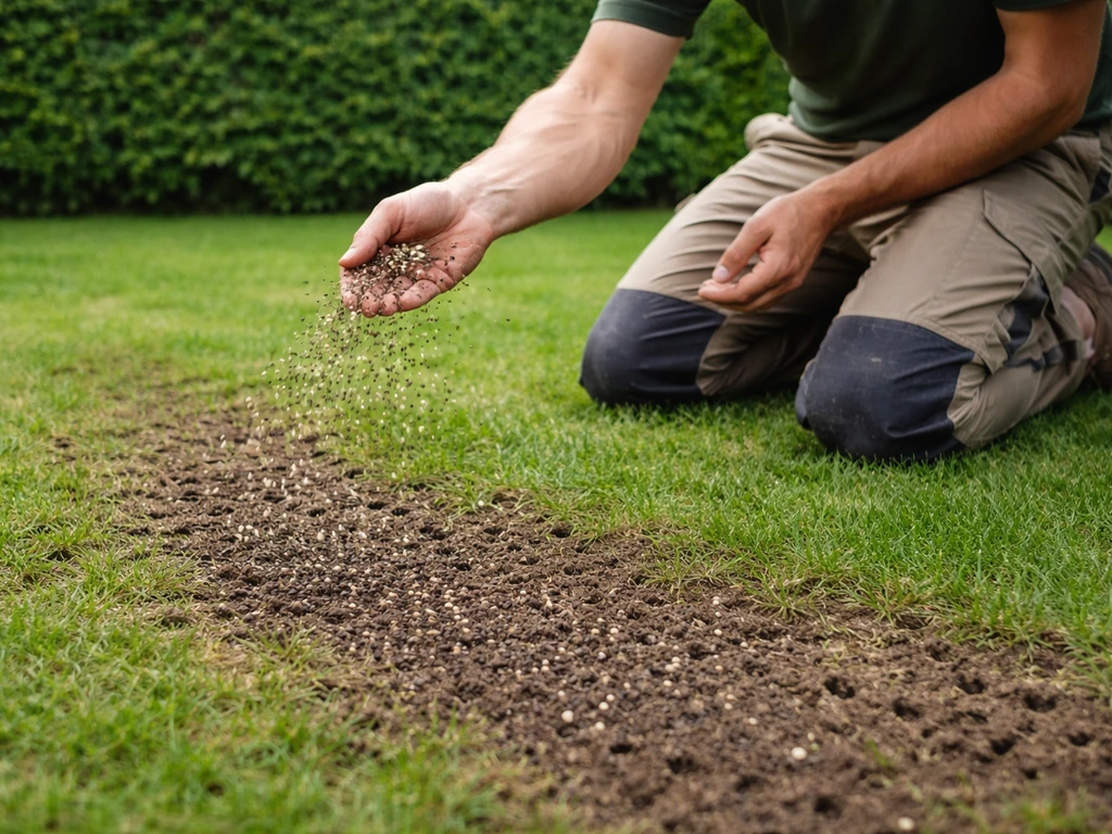 Een tuinman die zaad en mest uitstrooit op een pas geventileerd en doorgezaaid gazon, in daglicht.