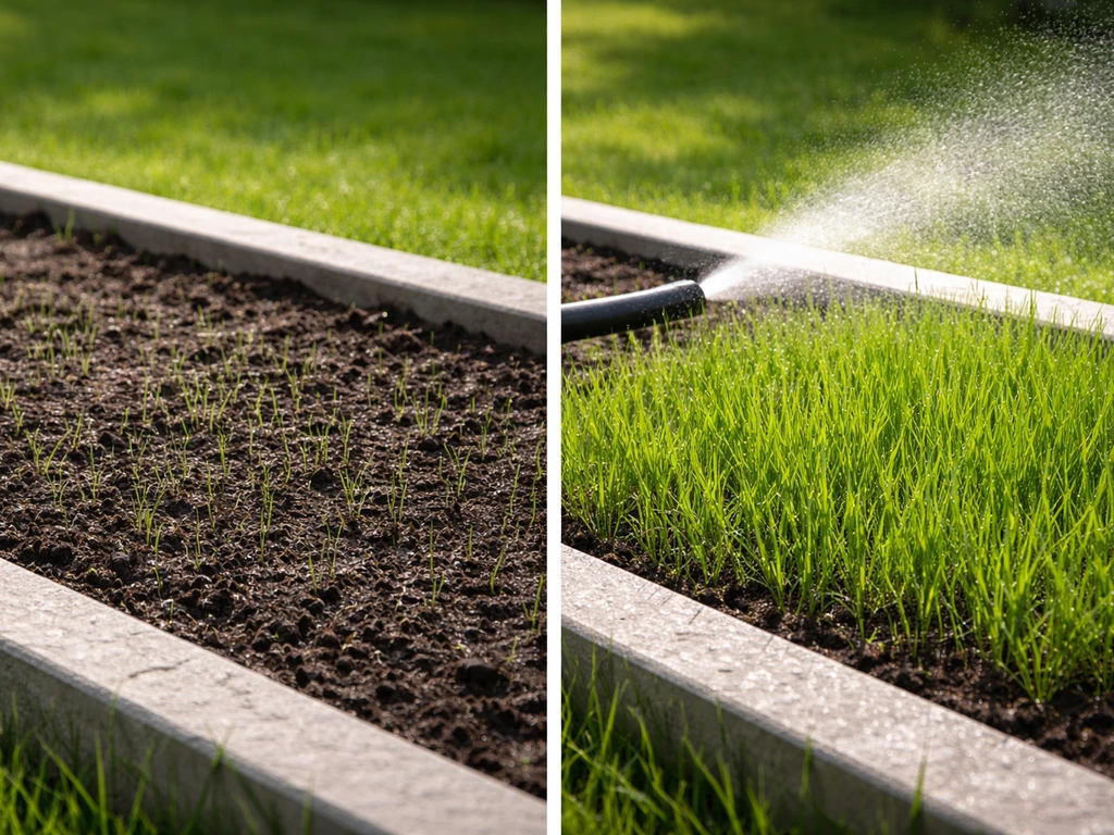 Minimale foto met lente-kiemende graszaadjes en zomerjonge grasgroei met beregeningsslang.