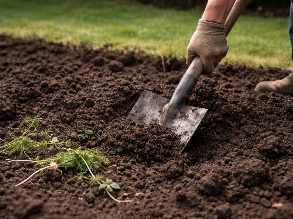 Schop in omgewoelde grond met zichtbare losgemaakte aarde, worteltjes en onkruid in een eenvoudig tuinbed.