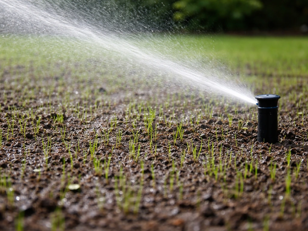 Sproeier beregent pas ingezaaid gras; vochtig gazon met zichtbare jonge graspluimen in de vroege fase.