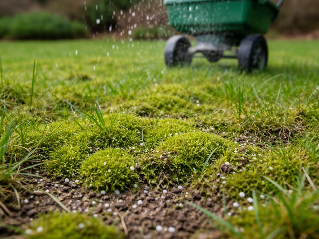 Close-up van mos in een gazon met kalkkorrels op de grond, wijst op te zure bodem.