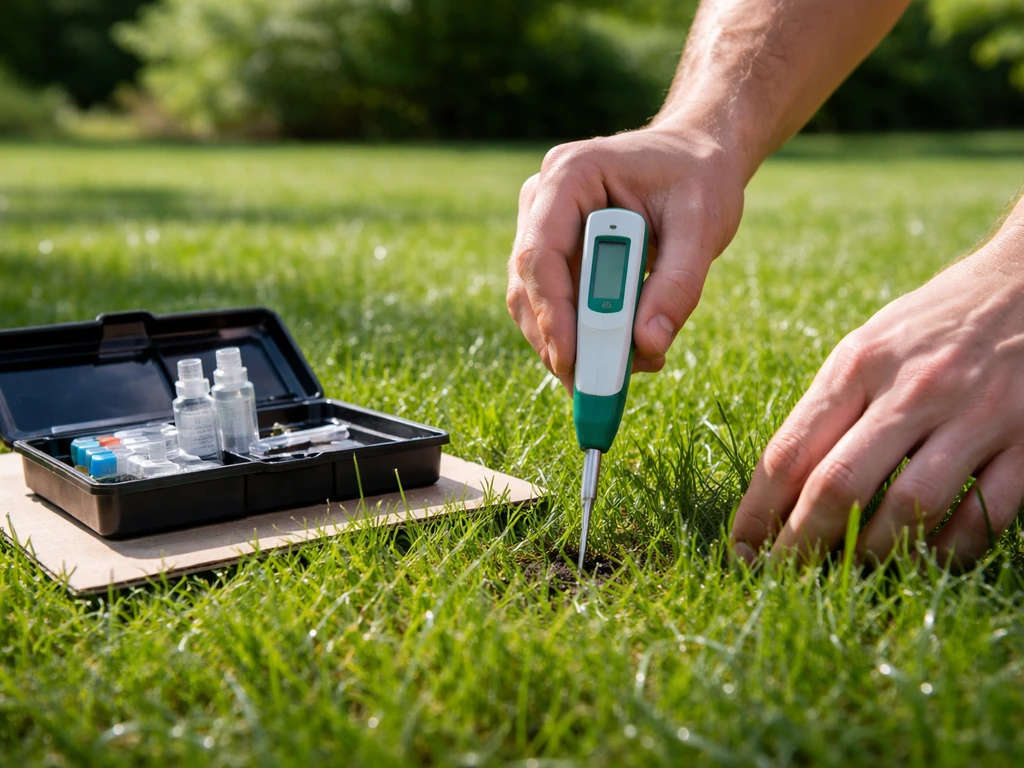 Handen meten de pH van het gazon met een testpen en bodemtestset op 2–3 plekjes.
