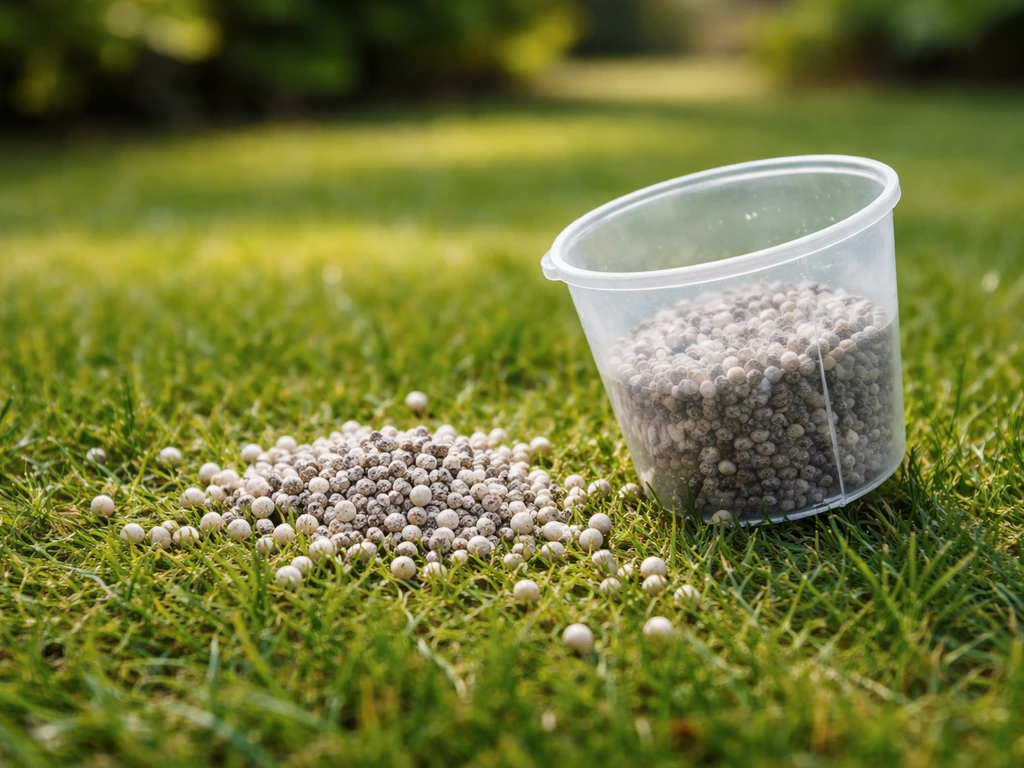 Close-up van mestkorrels op gras met een maatbeker-achtige maatindicatie voor richtdosering
