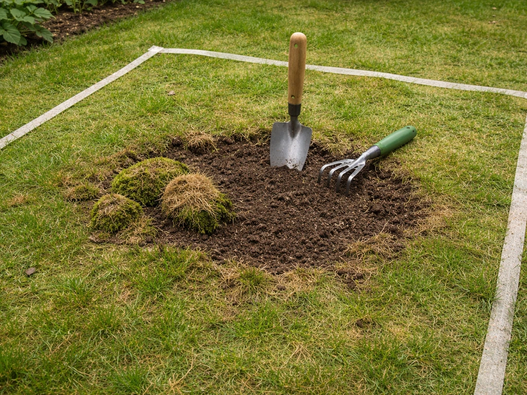 Afbakende kale plek in het gazon met verwijderd mos en afgestorven pollen, gereed om voor te bereiden.