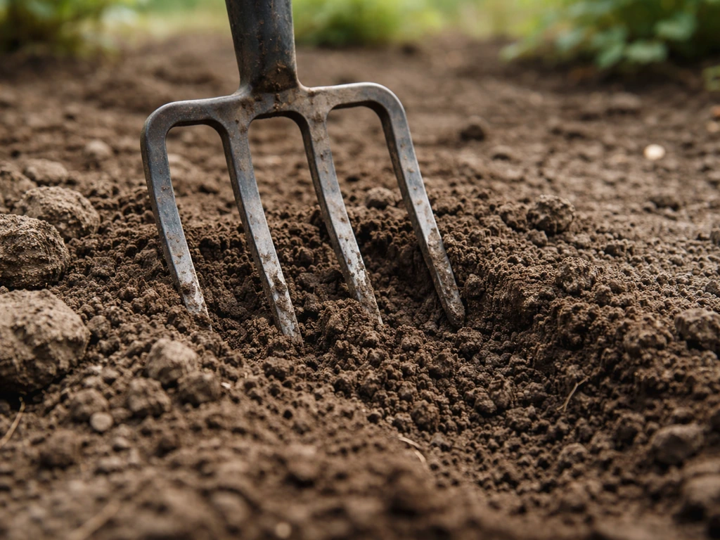 Grondvork maakt een strook tuinbodem los en laat luchtige, losgewoelde aarde zien.