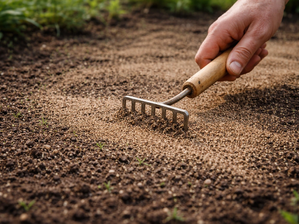 Tuinaanpak: met een harkje wordt een dun laagje compostzand over vers gestrooid graszaad verdeeld