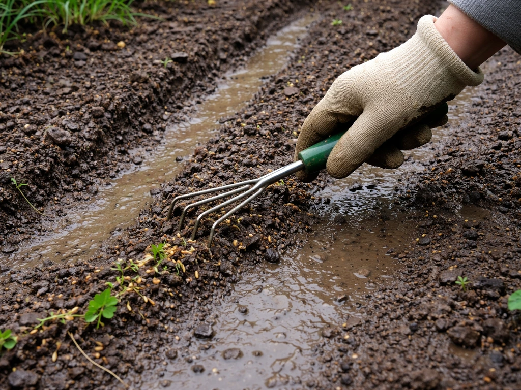 Hand harkt zaad terug in een tuinbed met kale strepen en verschoven toplaag na hevige regen