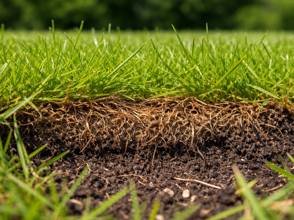Close-up van gazon met een duidelijke, bruine viltlaag tussen groen gras en bodem