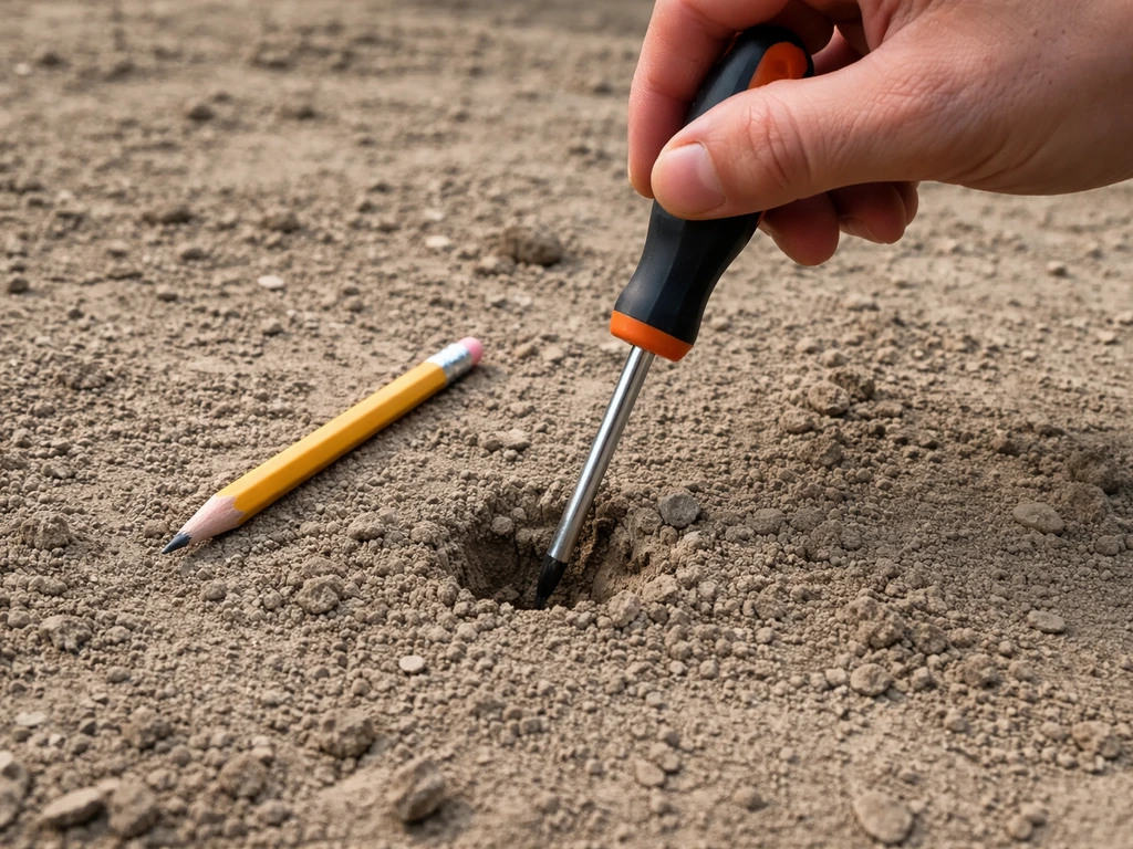 Hand duwt een schroevendraaier licht in droge grond; het dringt beperkt door en toont een harde laag.