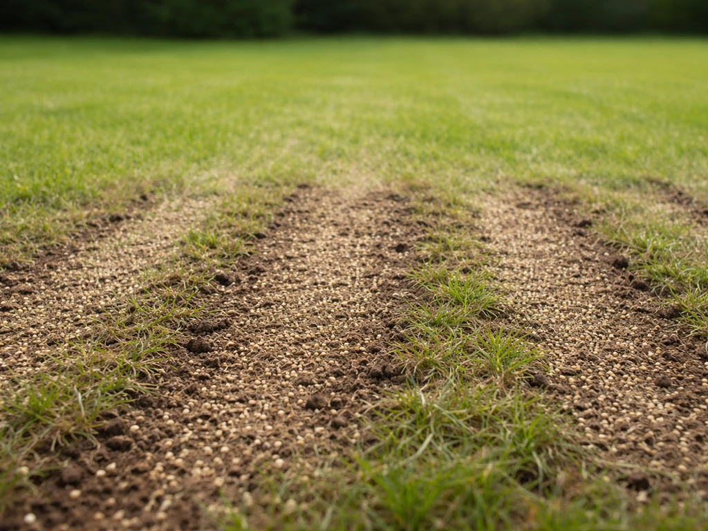 Geverticuteerde gazonstroken met open aarde en net uitgestrooide graszaadkorrels, vers doorgezaaid.