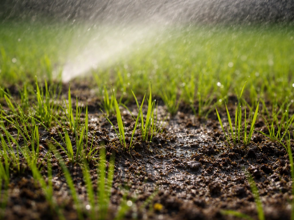 Gelijkmatig vochtig gazon met jonge grassprieten en een subtiele beregeningsnevel die niet afspoelt.