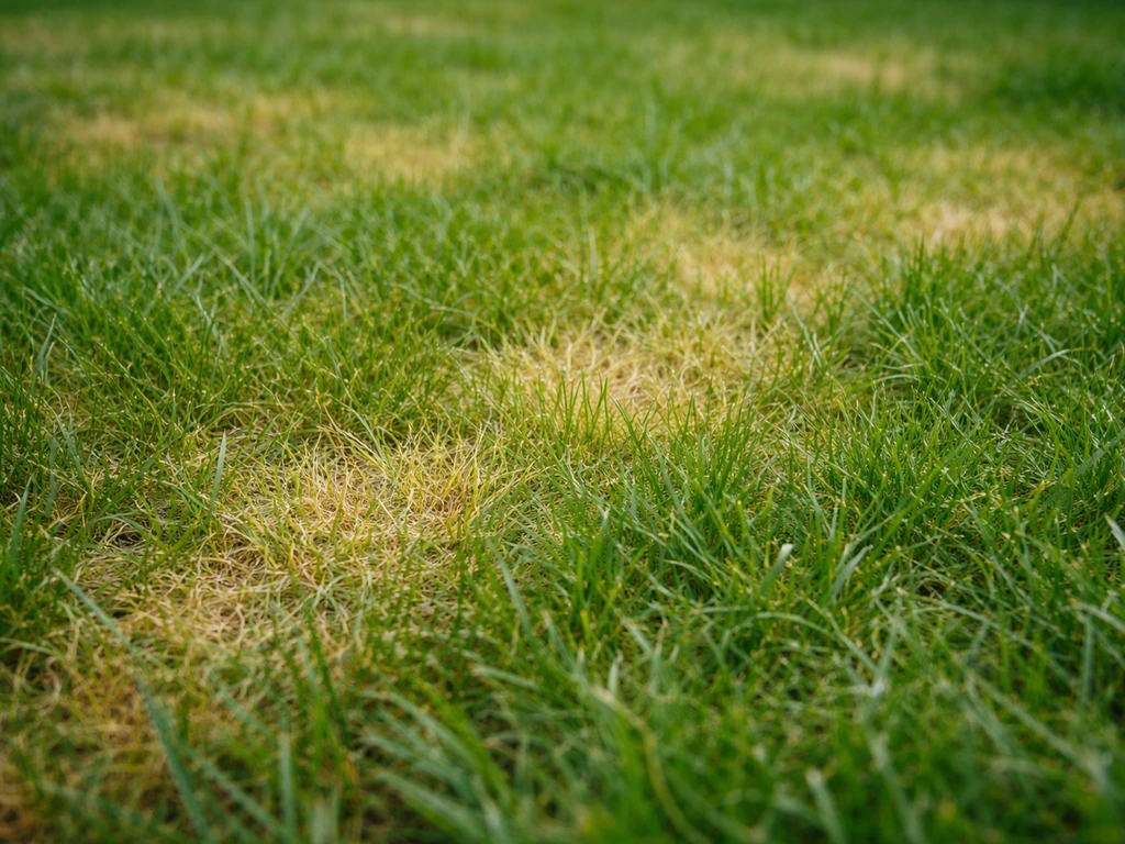 Close-up van een grasmat met geelgroene plekken die mestbehoefte suggereren, in natuurlijk licht.