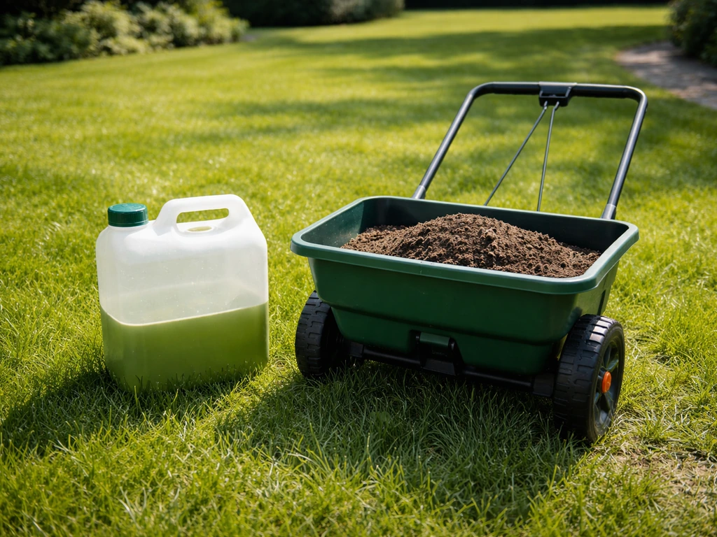 Groen Nederlands gazon met emmer grasextract en compoststrooier/bezembak naast het gras, als resultaat van gras fermente