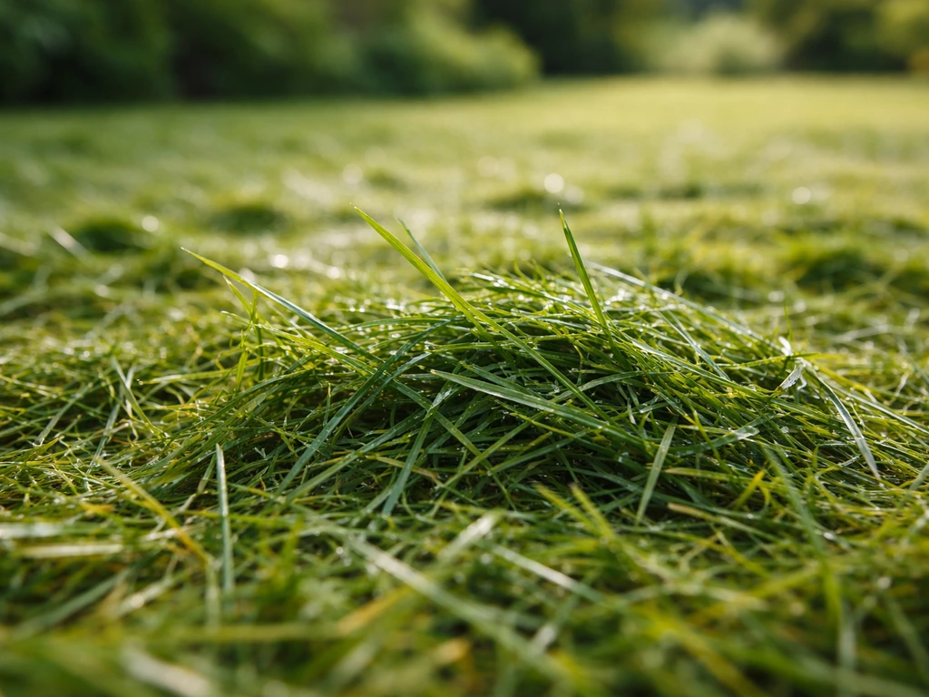 Close-up van vers gemaaid, onbehandeld gras met zichtbare textuur en kleine vochtige druppels.