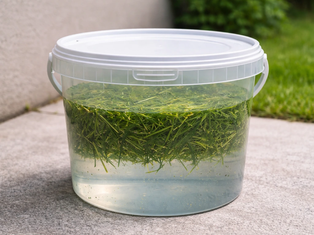 Afgesloten emmer met vers gemaaid gras en water, met duidelijk zichtbare deksel/afsluiting voor anaerobe grasextract.