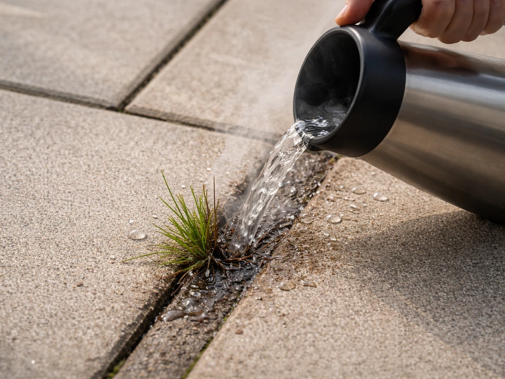 Close-up van kokend water dat tussen straattegels jong gras in de voeg verbrandt, met stoom en zwarte verkleuring.