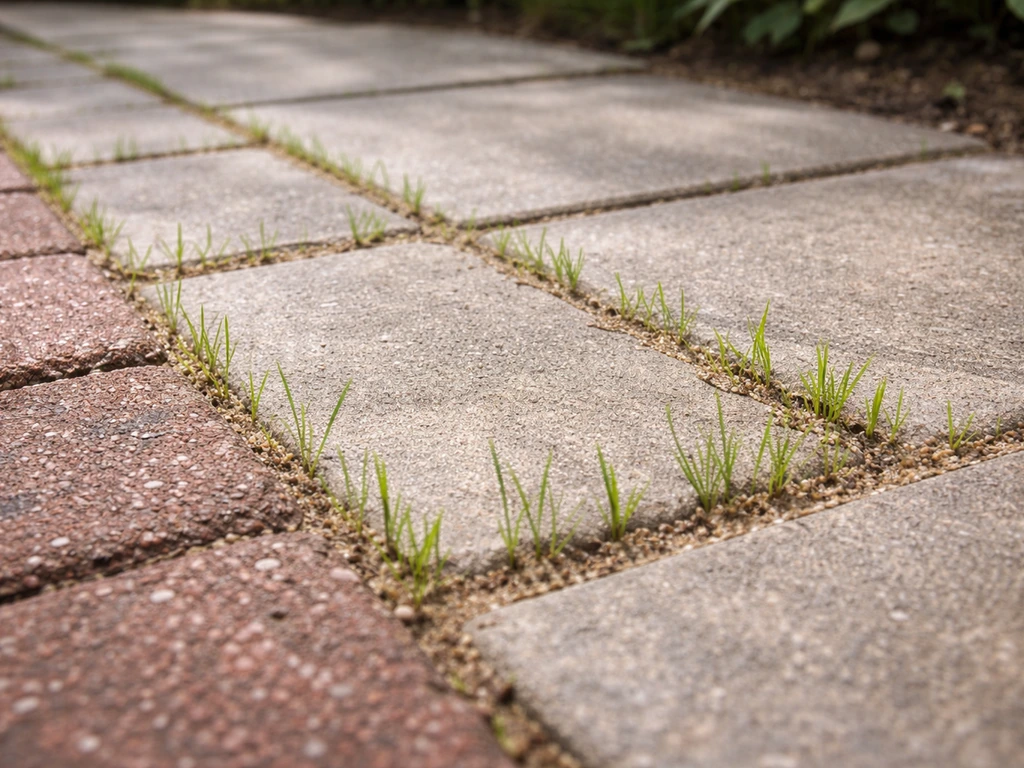 Tuinpad met betontegels en zandvoegen, met jonge kiemplanten tussen de voegen, klaar om te behandelen