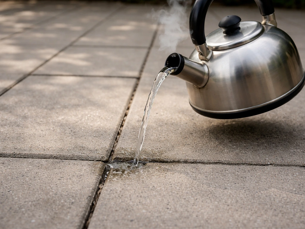 Gietende waterkoker met kokend water in een tegelvoeg, met een afgebakende strook onkruidruimte
