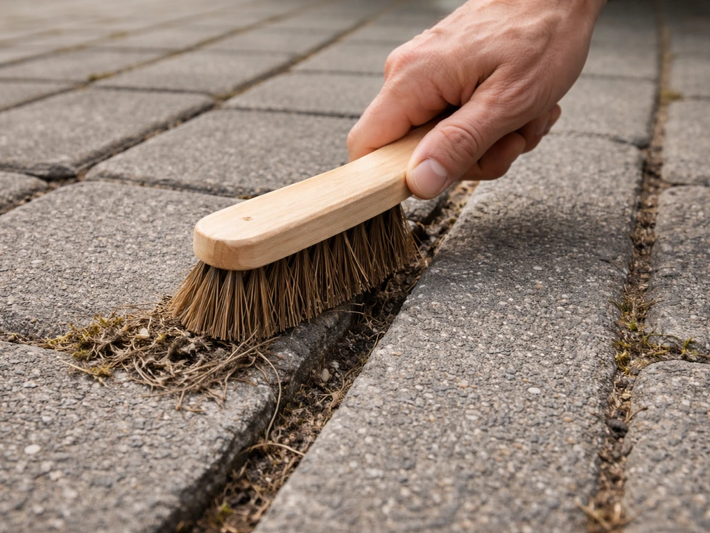 Close-up van een hand die dode plantresten uit de voegen tussen straatstenen veegt, zodat de voeg leeg is.