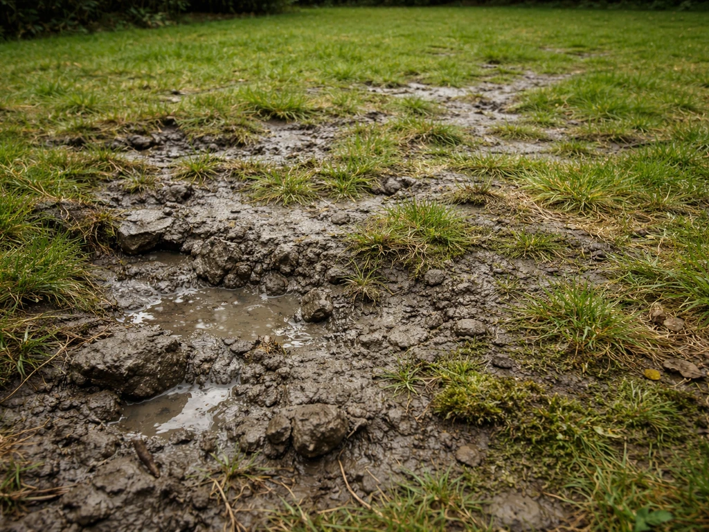 Buitenzijde van een gazon met kleibodem: plakkende, verdichte plekken en kale zones tussen het gras