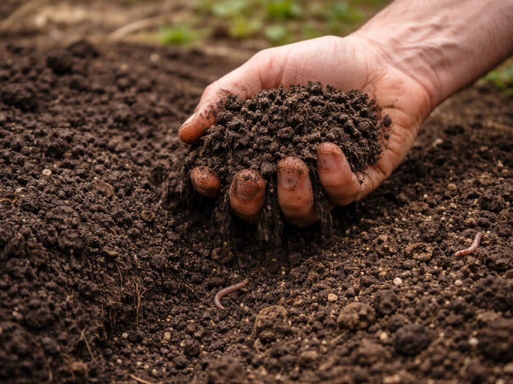 Hand schept wat tuingrond op; je ziet kruimelige structuur en mogelijke regenwormen in de bodem.