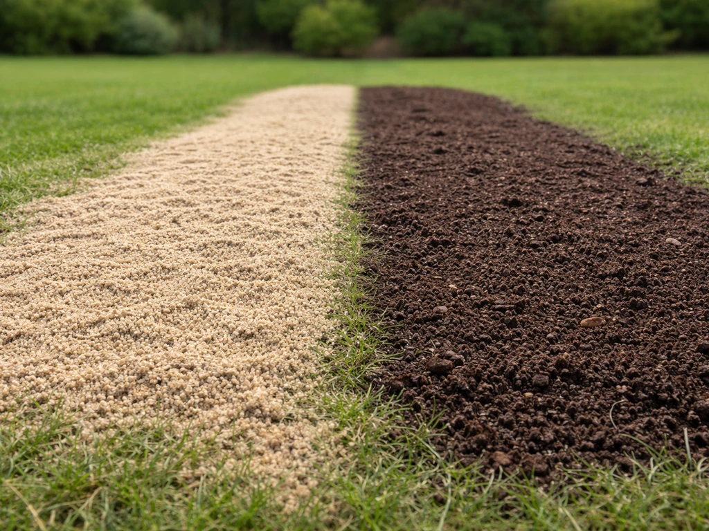 Twee stroken op een gazon met scherp zand en compost, als vergelijking van verschillende bodemstructuurbehandelingen