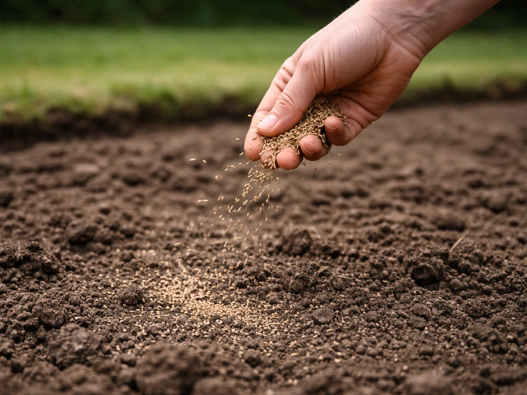 Hand die graszaad uitstrooit op opengewerkte kleigrond tijdens het herinzaaien