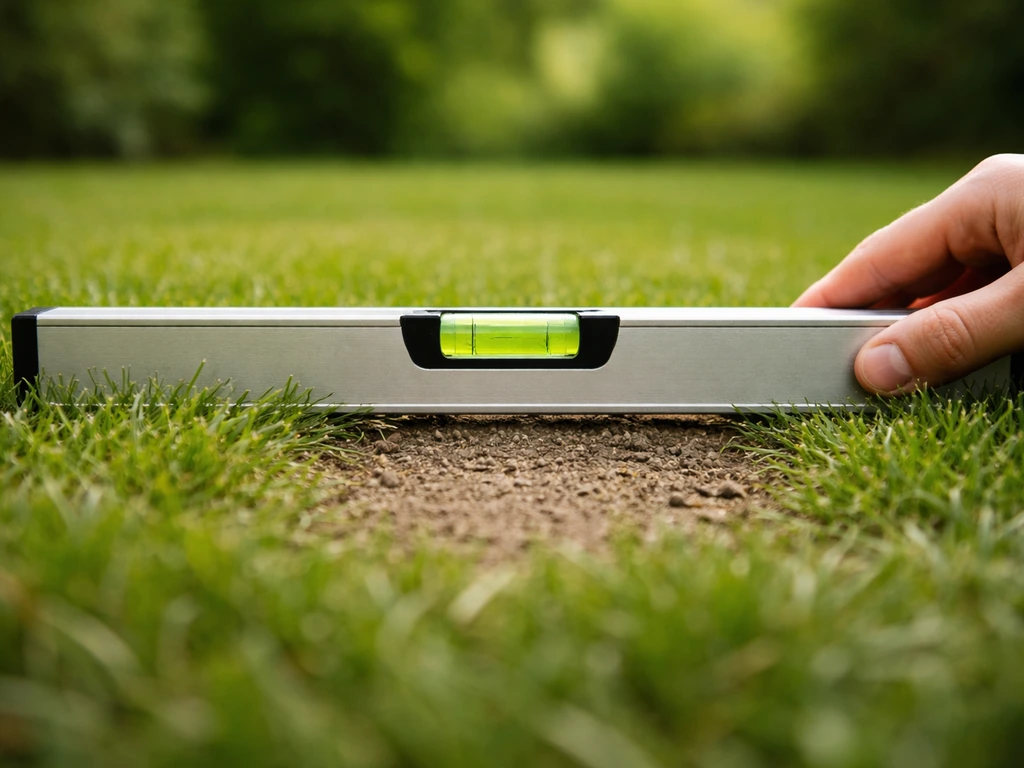 Close-up van een waterpas op een egaliserend gazon, met focus op vlakheid en hoogteverschillen.