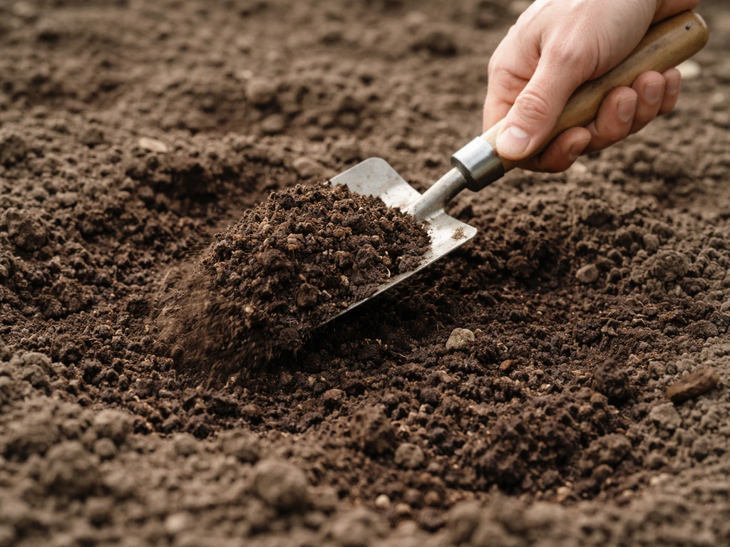 Losgemaakte tuinbodem met schep compost/tuinaarde die wordt omgewerkt met een kleine schop