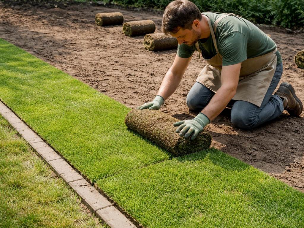 Tuinier rolt graszoden uit en legt de eerste rij strak tegen de rand, zonder overlap, in een stille tuin