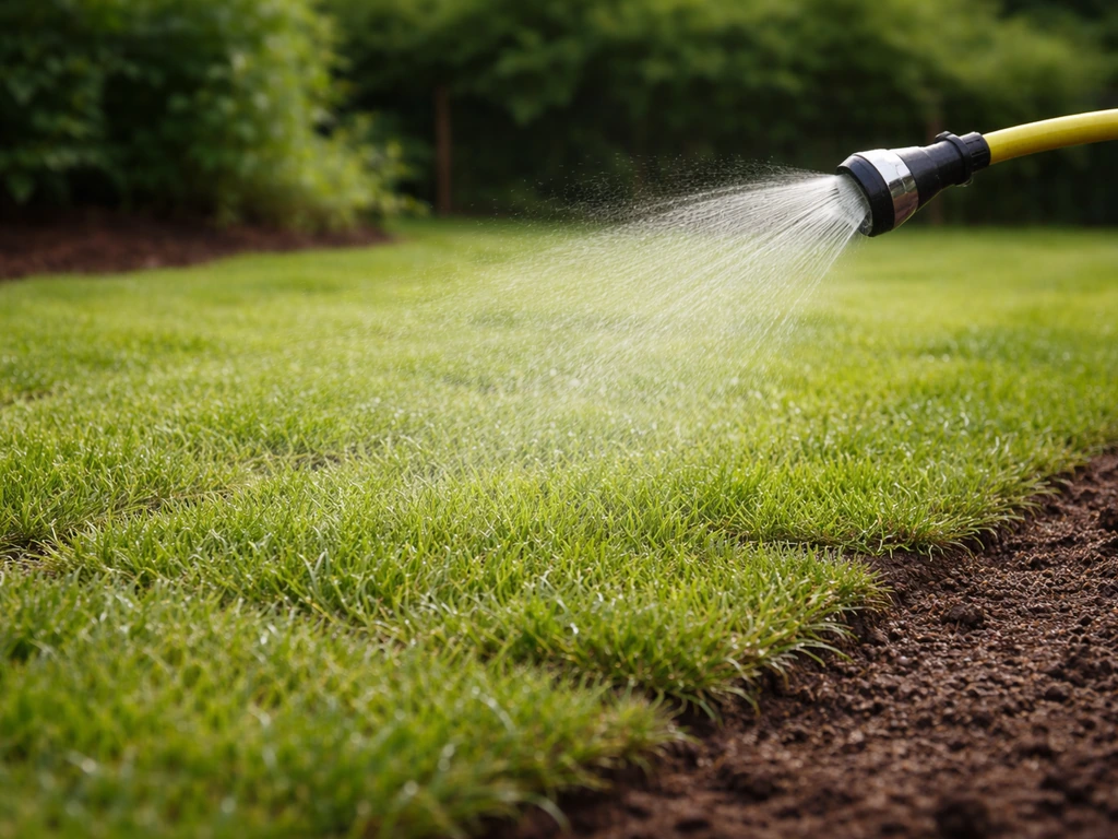 Tuinier beregent vers gelegd gras met fijne sproei; druppels verdelen gelijkmatig over een klein gazonstrookje.