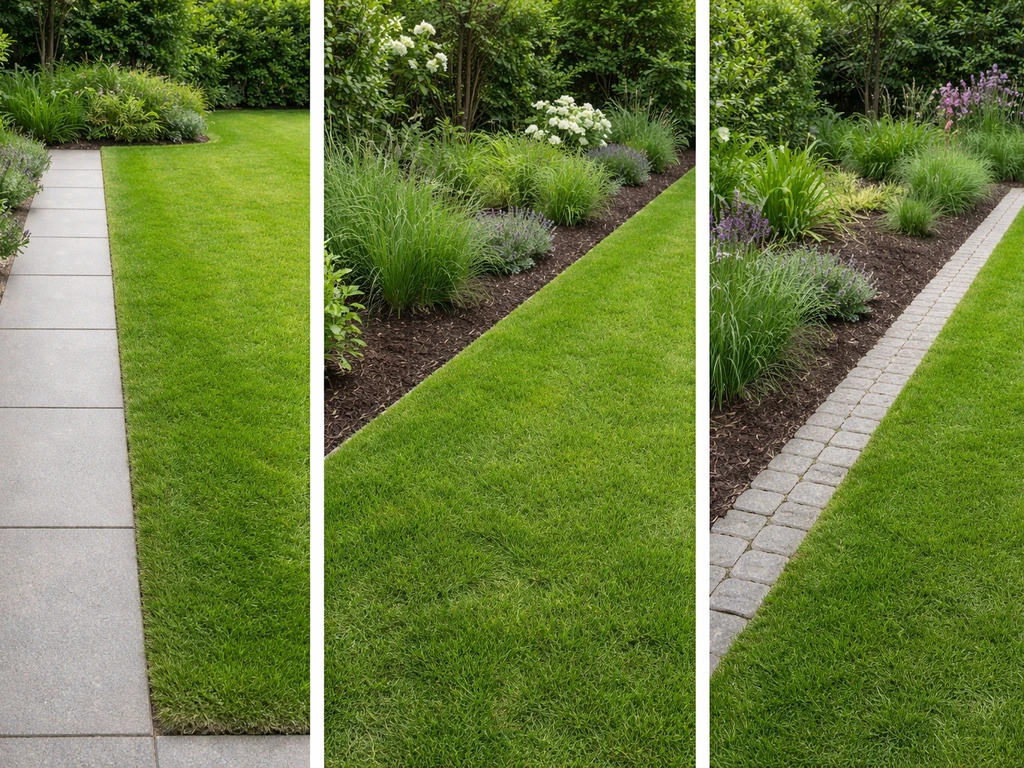 Tuin met drie manieren van gras als afscheiding: langs terras/pad, bij border en als doorlopend grasvak.