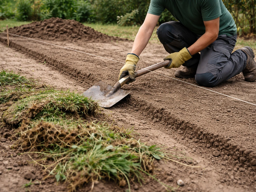 Werker verwijdert graszoden en trekt een vlakke strook aarde voor een toekomstige grasafscheiding in de tuin.