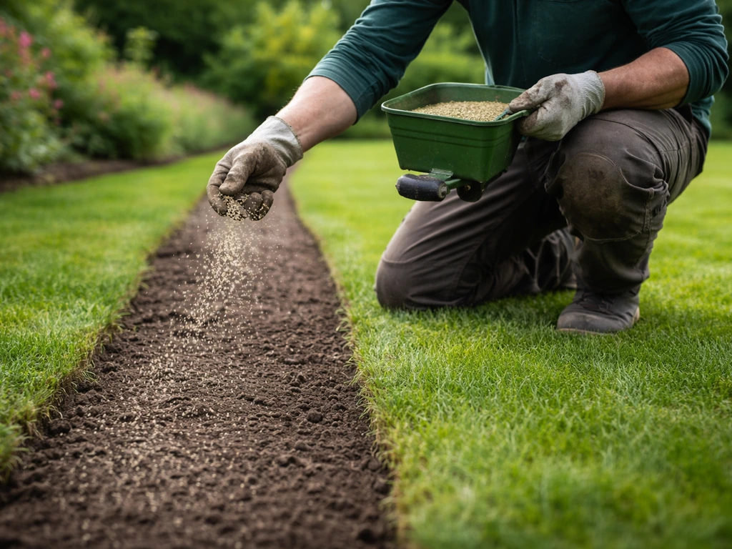 Tuinier die graszaad uitstrooit met een zaaiverdeler in een smalle strook langs het gazon