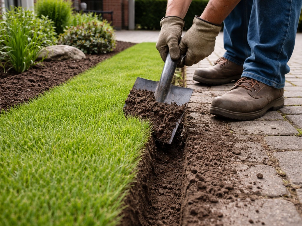 Tuinier met spade steekt een strakke rand langs een grasstrook in een nette voortuin