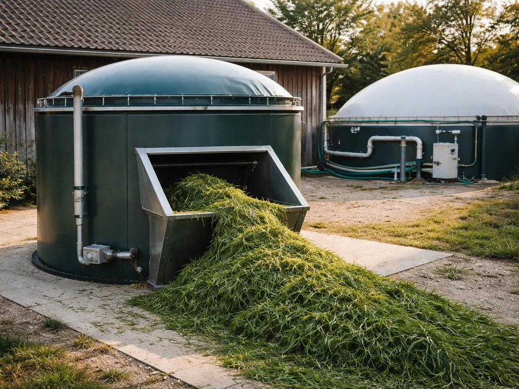 Grof gras dat richting een kleine luchtdichte grasvergister wordt gevoerd, met biogas-installatie op achtergrond.
