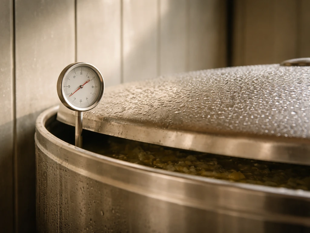 Keuken­thermometer tegen de wand van een vergister, close-up van temperatuurmeting bij mesofiele range