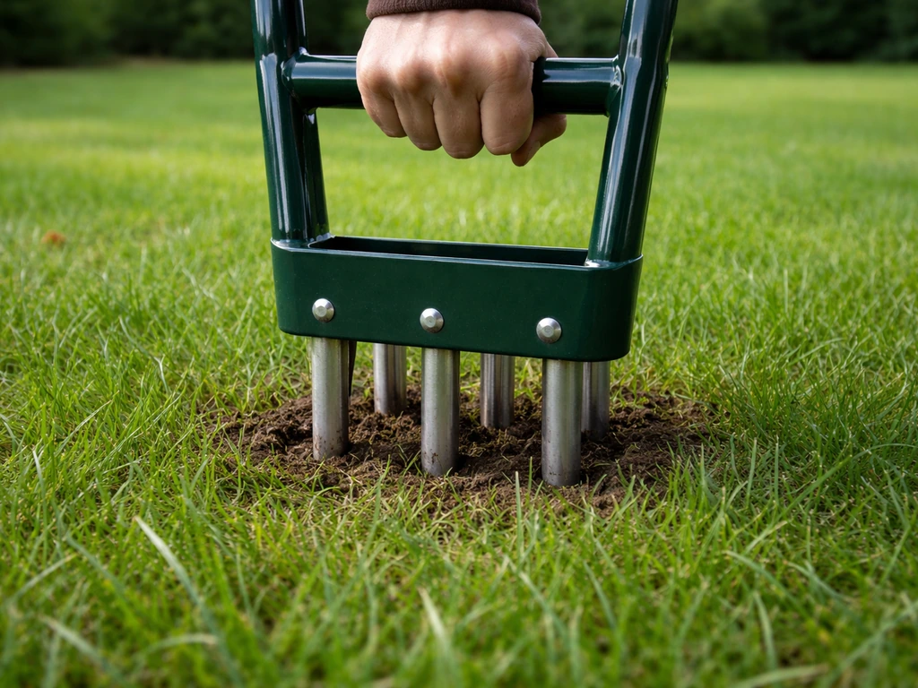 Handmatige gazonprikker met holle pennen die in het gras wordt gedrukt, met diepte van ±8–10 cm.