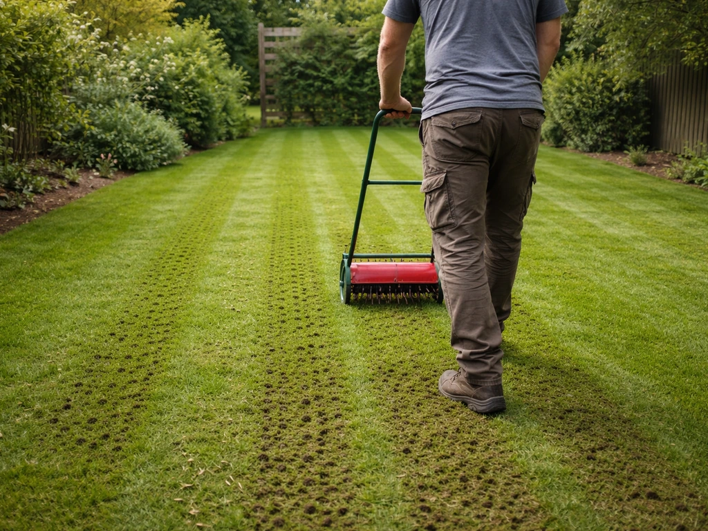 Tuinier met beluchter op een gazon, rechte rijbanen zichtbaar na vooraf maaien.
