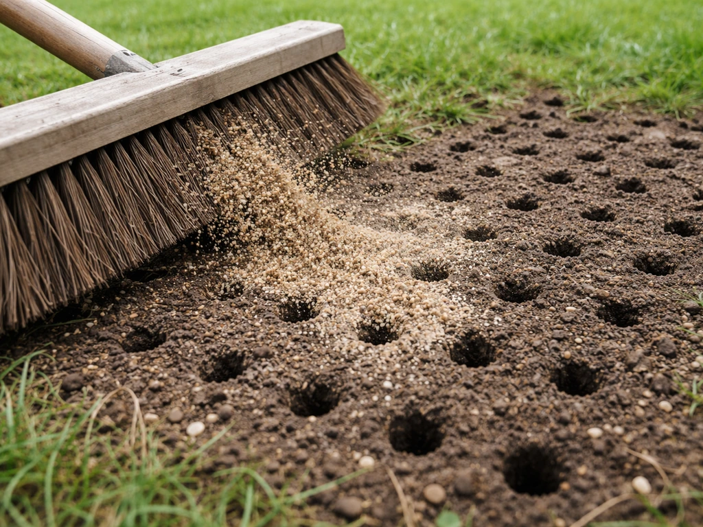 Close-up van een bezem die zand of zand-compost mengsel in beluchtingsgaatjes veegt in het gazon