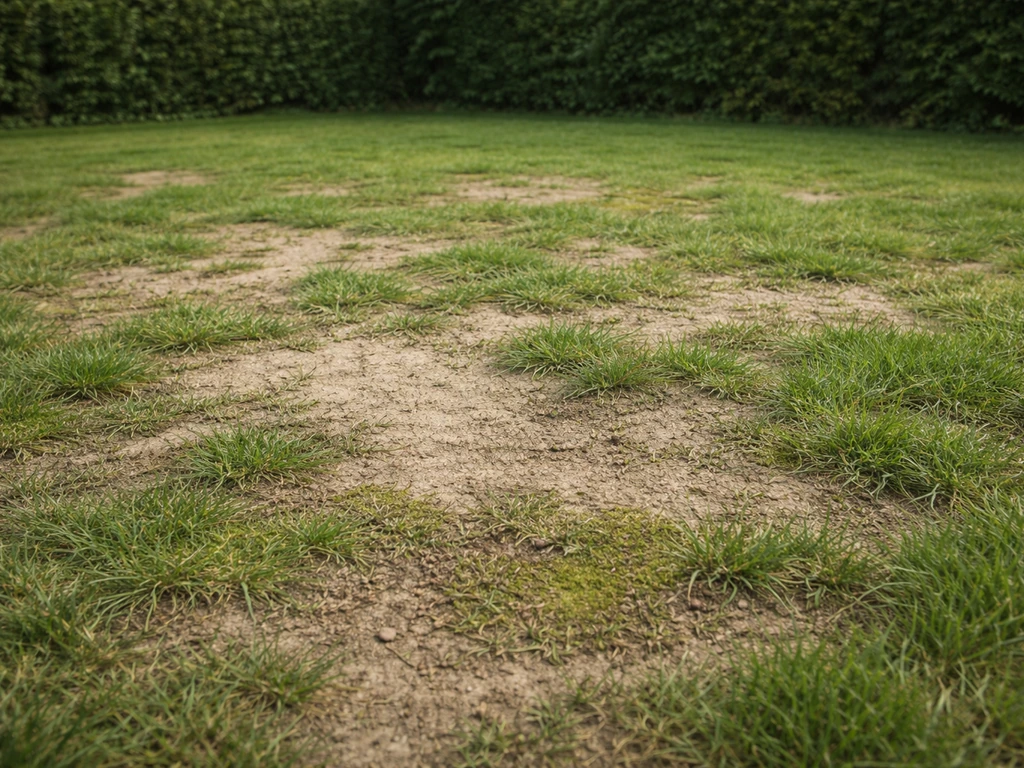 Ongelijkmatig gazon met kale plekken en dun gras in een Nederlandse tuin bij daglicht.