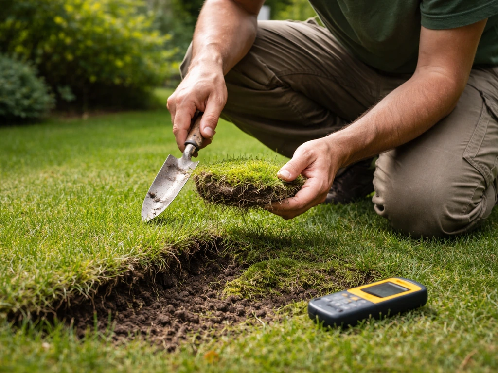 Tuinier knielt bij gazon en controleert met schop en mes de bodem; pH-testset ligt op de grond.
