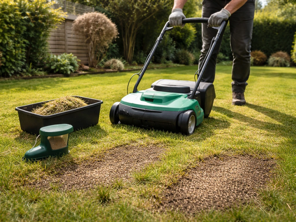 Tuinman-achtige handen met een verticuteerharkmachine op een gazon en daarna doorzaaien op kale plekken.