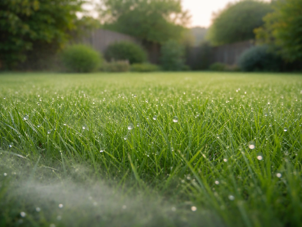Waterdruppels op groen gazon in de vroege ochtend, met zachte ochtendnevel en koel licht