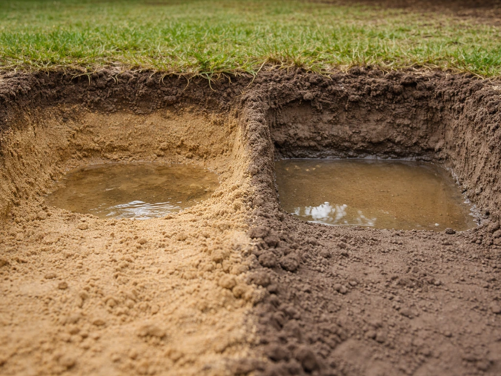 Doorsnede in tuinbodem: links zand dat water snel laat wegzakken, rechts klei waar water langer blijft staan.
