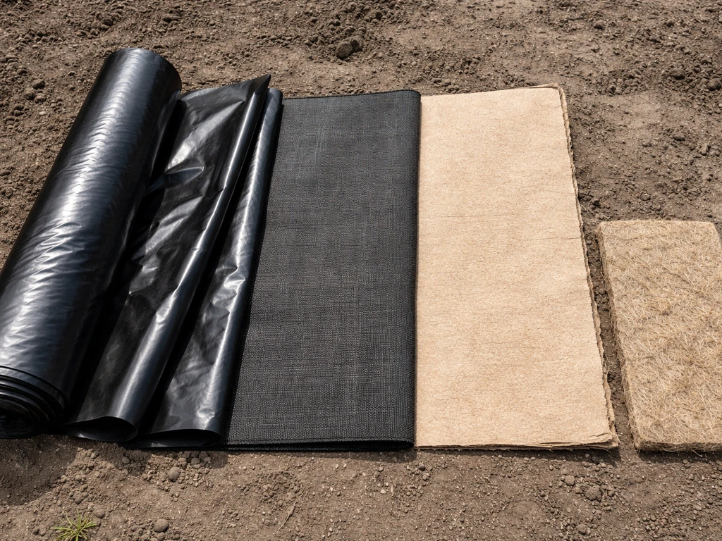 Zij-aan-zicht van materialen voor gras afdekken: zwarte PE-folie, worteldoek en karton/houtvezelplaat, met textuurversch