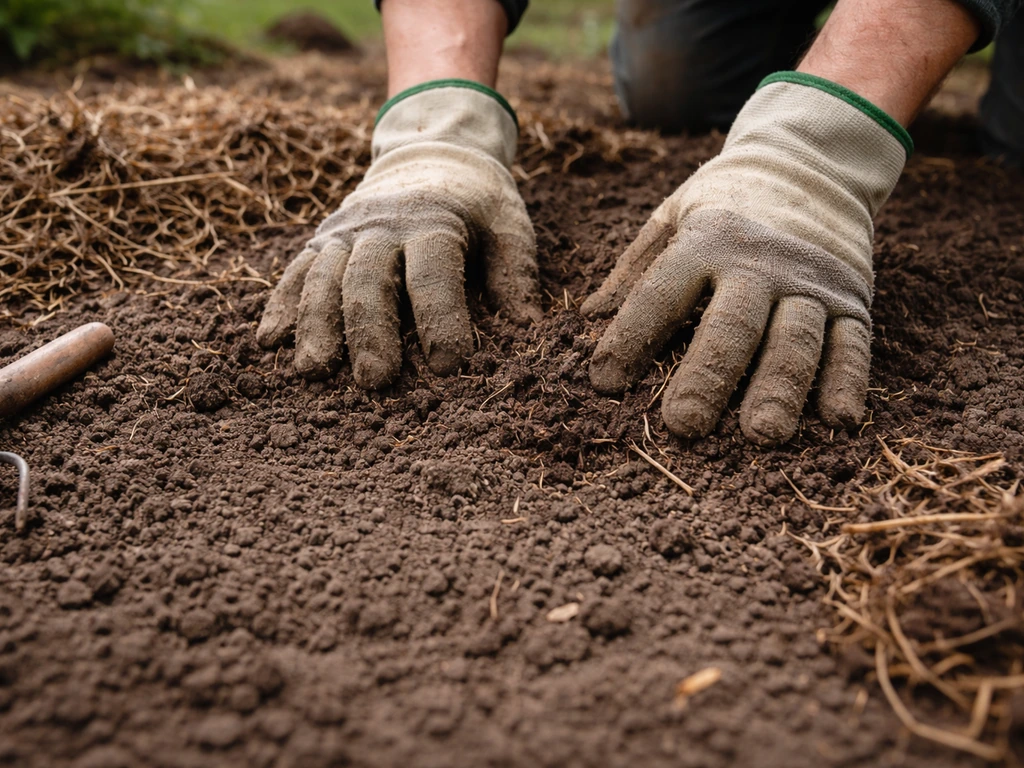 Hand schikt aarde na het verwijderen van afdekmateriaal, met luchtige mulch en compacte bodem als nazorg